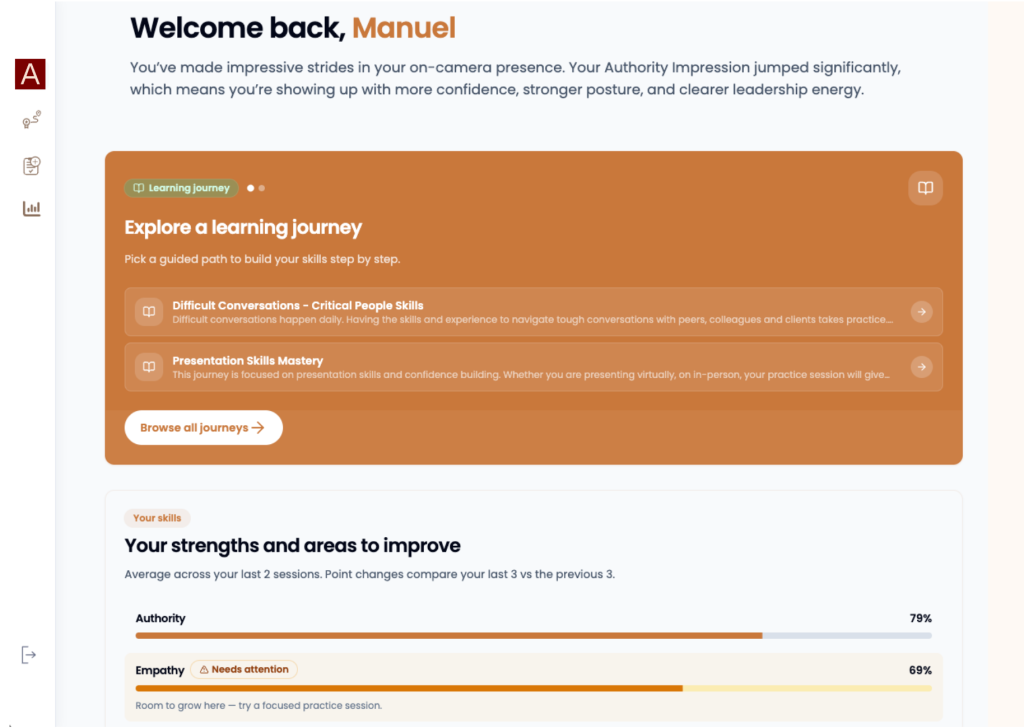 A learner dashboard running in a client firm’s own brand colours, welcoming the learner back and offering two learning journeys to continue, with strengths and areas to improve scored underneath.