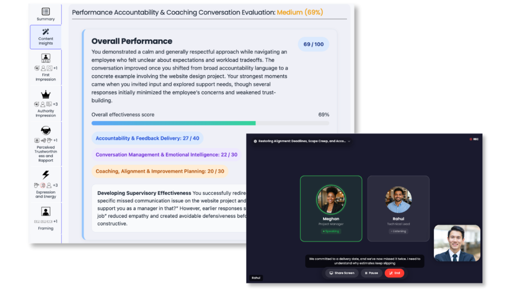 The Virtual Sapiens AI Roleplay practice environment, showing a learner in a video roleplay alongside live behavioral feedback