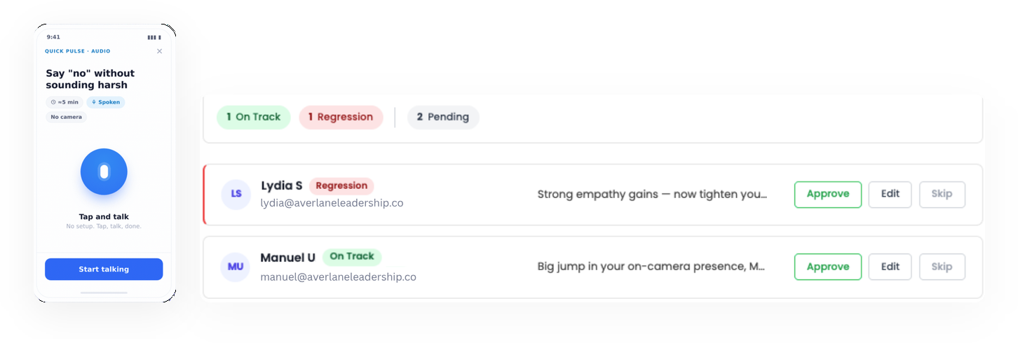 The AI Engagement Assistant weekly plan, where a program manager approves personalized nudges, beside a learner's five-minute Virtual Sapiens Pulse voice practice